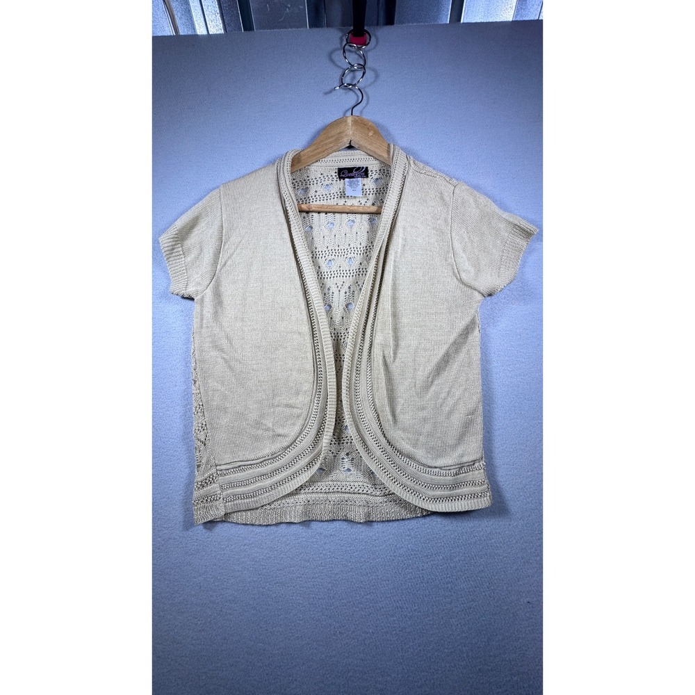 Questions by Say What Tan Beige Crochet Pointelle Short Sleeve Cardigan P/L